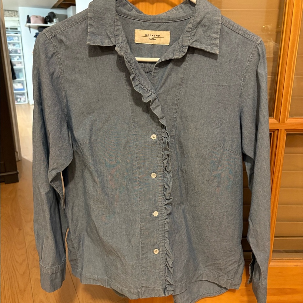 MaxMara Denim Blue Ruffle Blouse